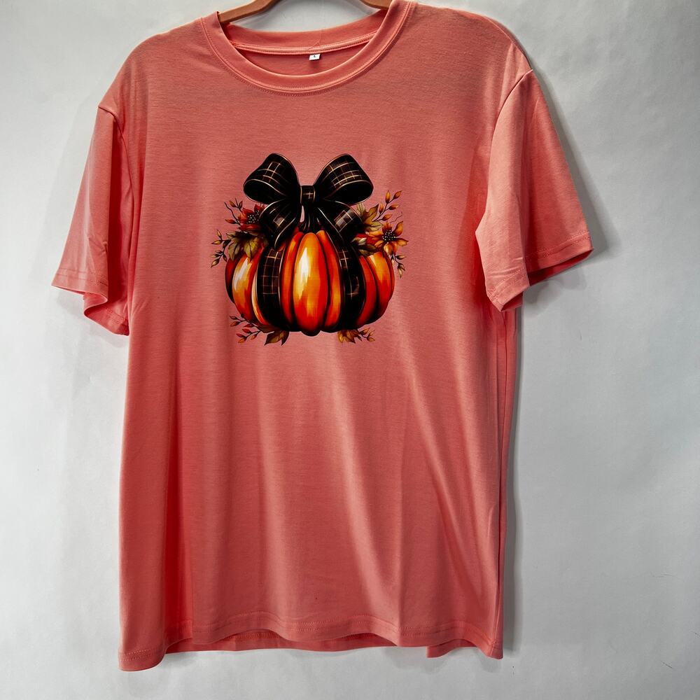 Cute Bow Pumpkin NWT Women's Shirt Size L Stretch
